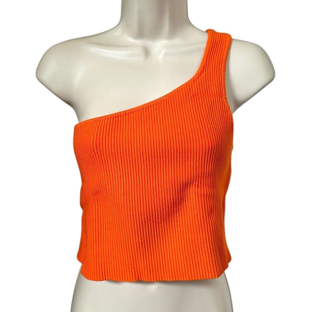House of Harlow 1960 Luxe Essentials One Shoulder Ribbed Crop Top Size L Orange